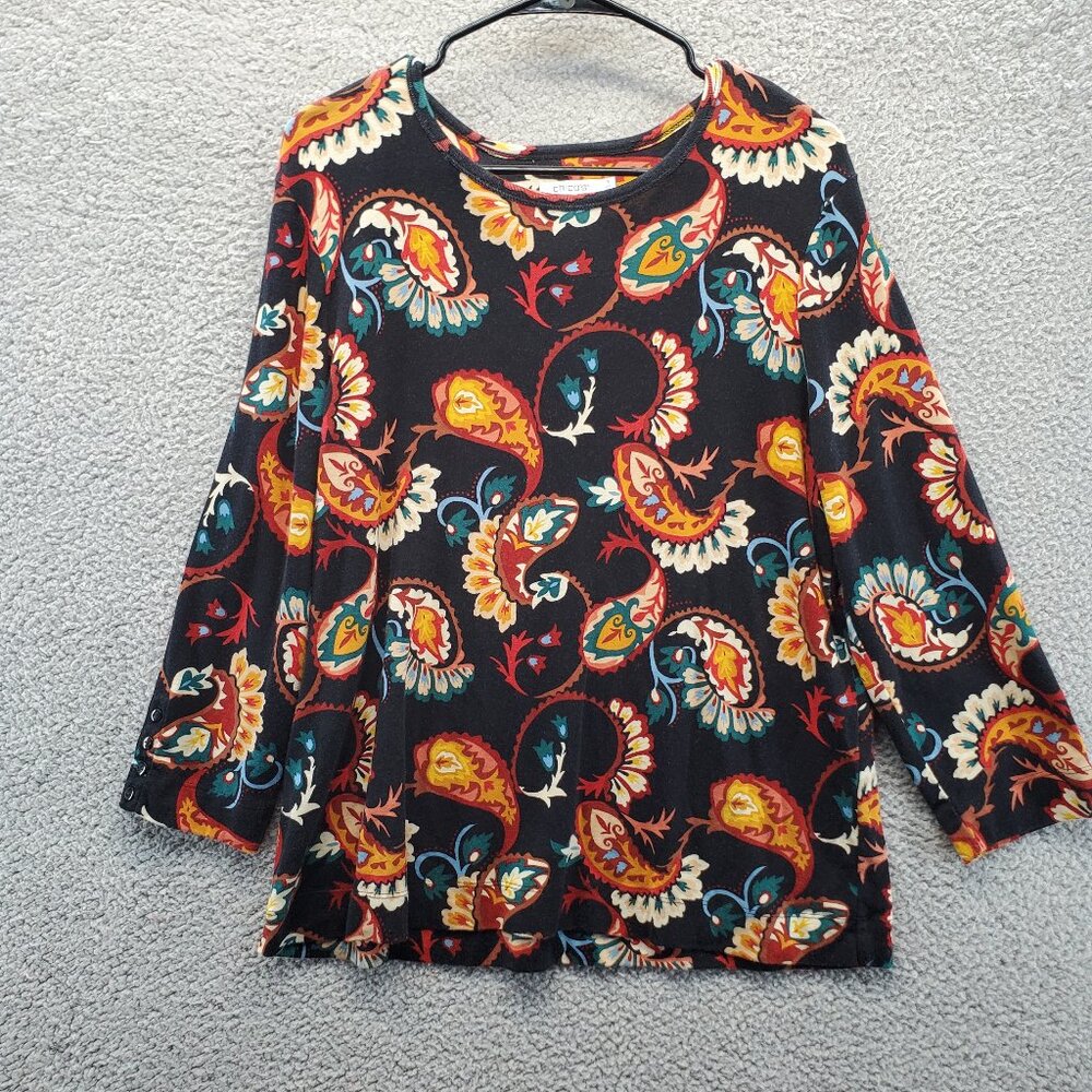 Chicos‎ Womens Paisley 3/4 Sleeve Everyday Blouse Size 3 L Black Stretch Pima